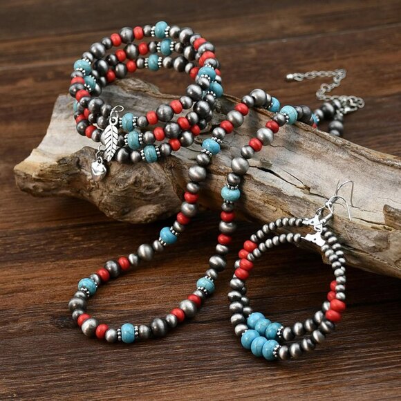 4 PCS Western Turquoise Jewelry for Women Boho Vintage Navajo Pearl Necklace Ear - Picture 7 of 8